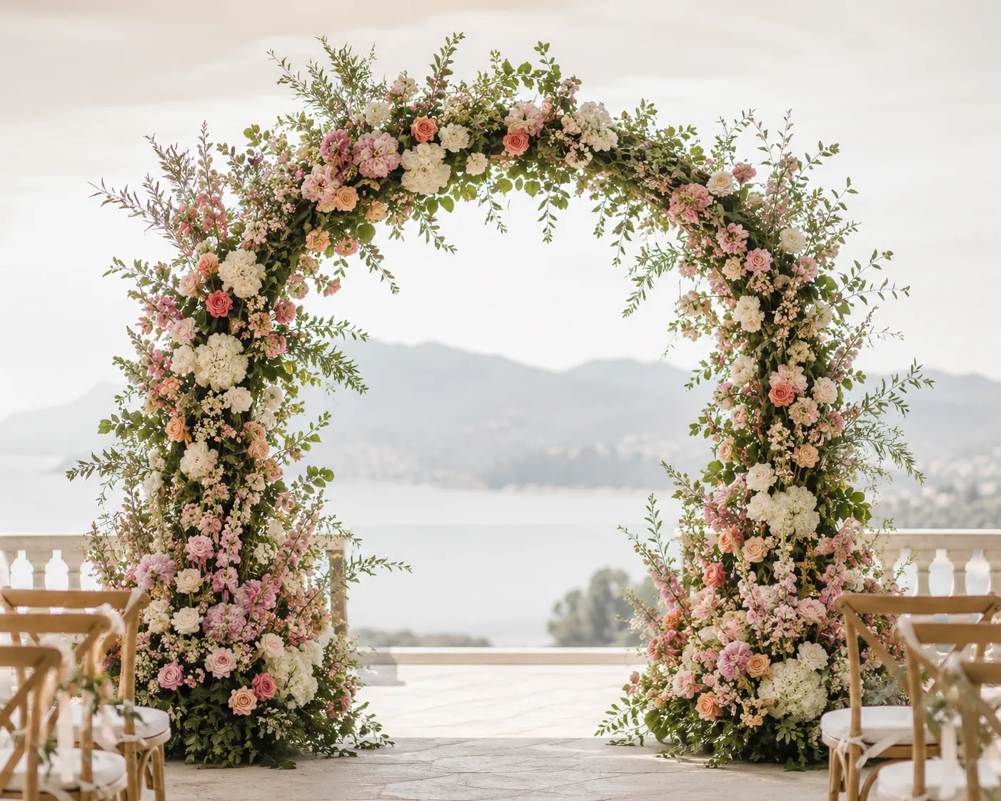 Arco floral para ceremonia al aire libre con vista y guirnalda en tonos pastel