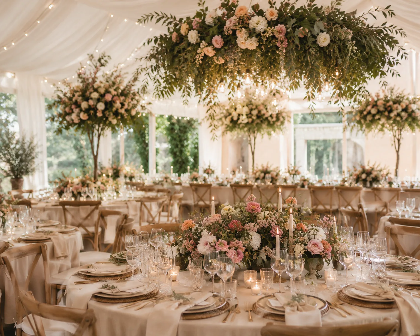 Recepción y banquete con decoración floral y luces cálidas