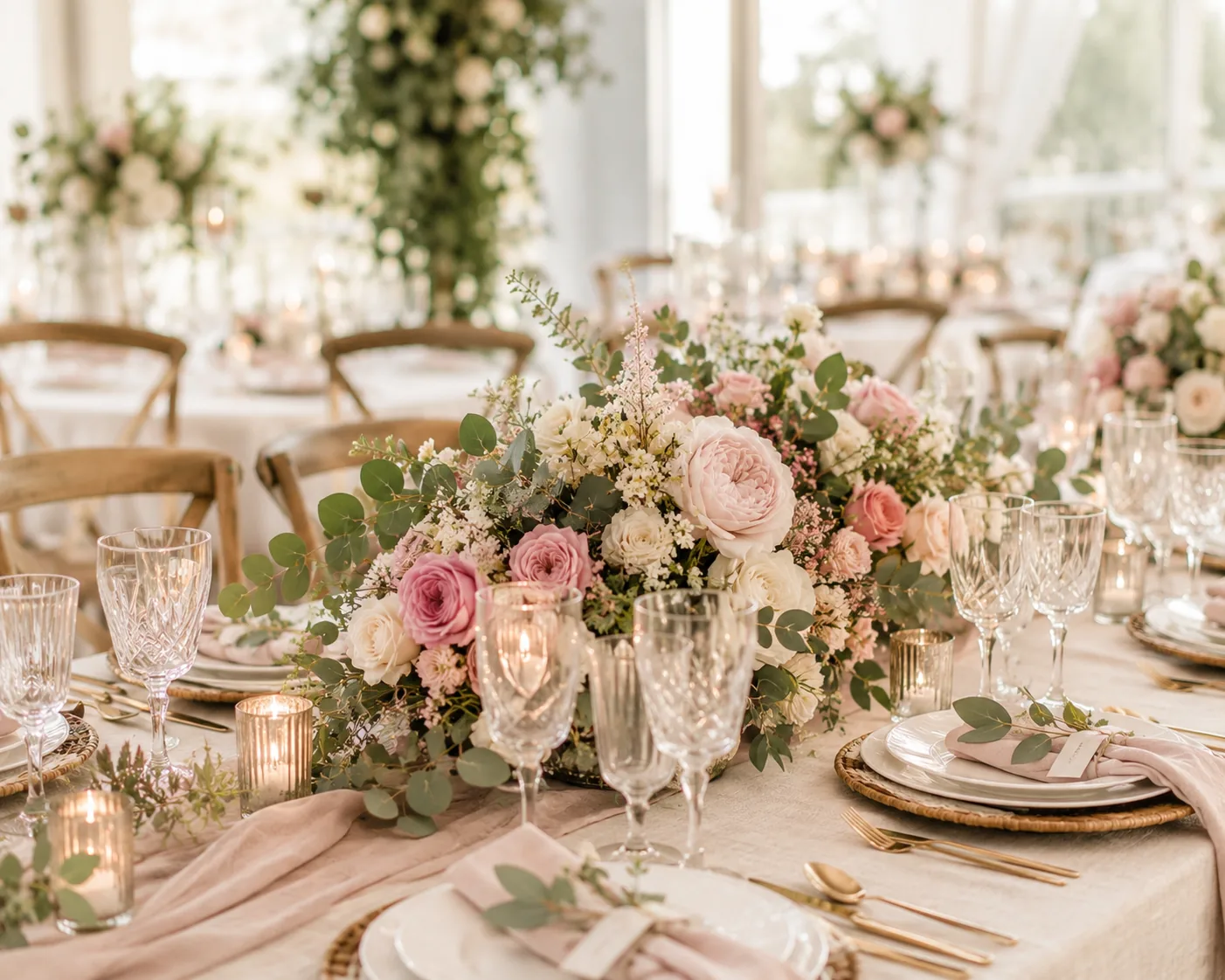 Mesa de boda con cristalería, velas y centro floral en tonos marfil y rosa