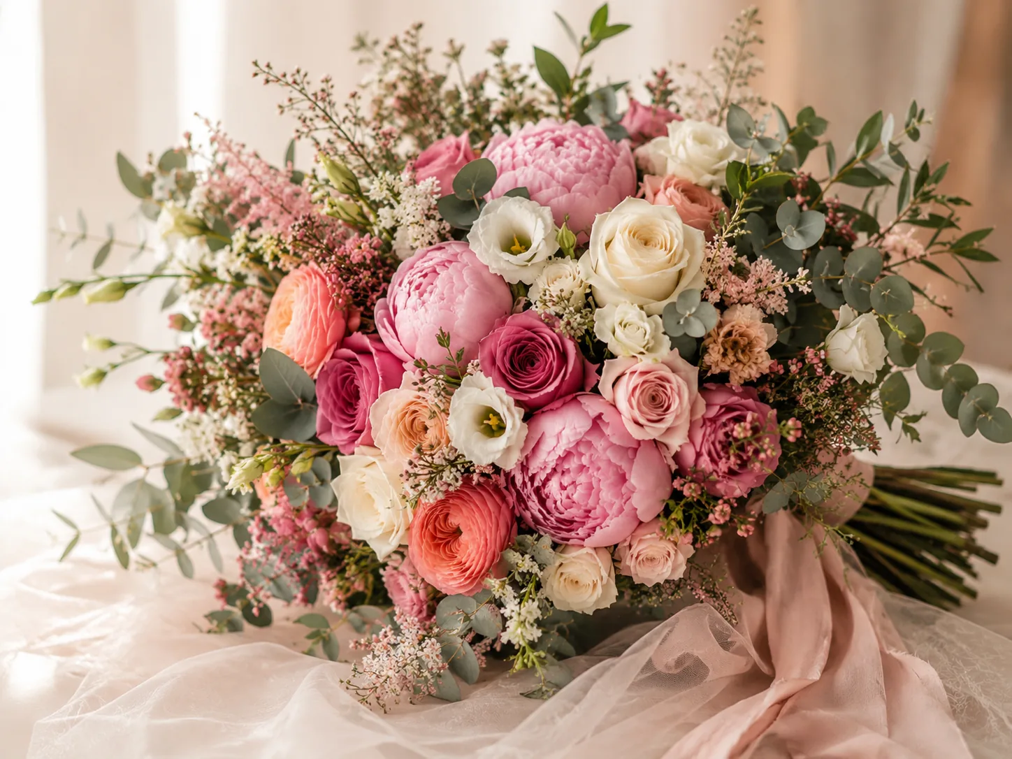 Ramo de novia con peonías, rosas y eucalipto en tonos marfil y pastel