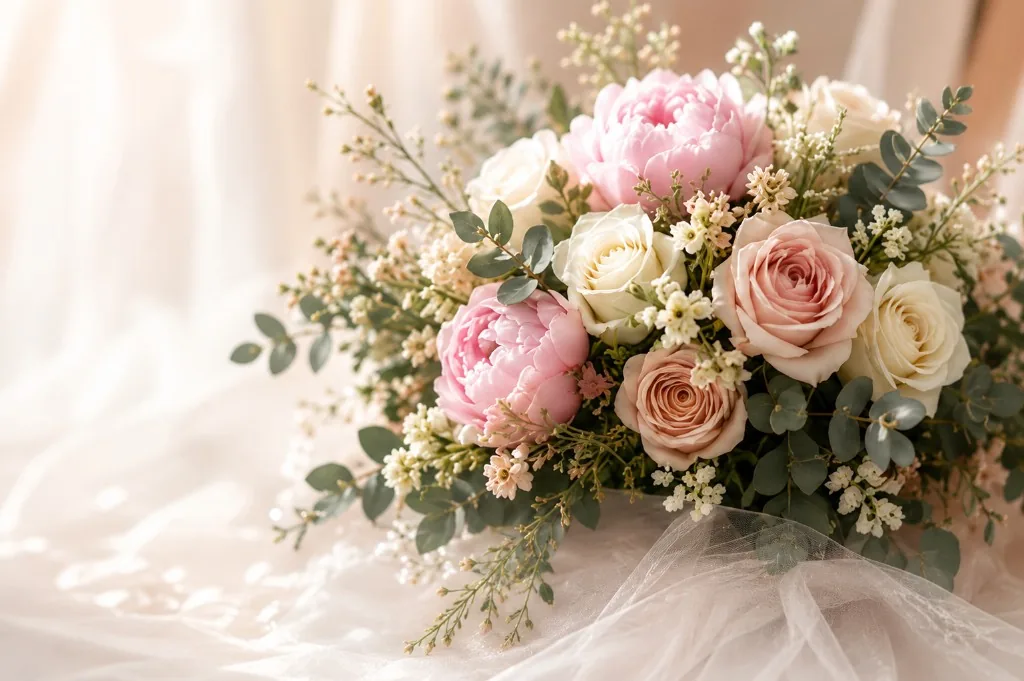 Ramo de novia con peonías rosas en tonos marfil y blush sobre tejidos claros