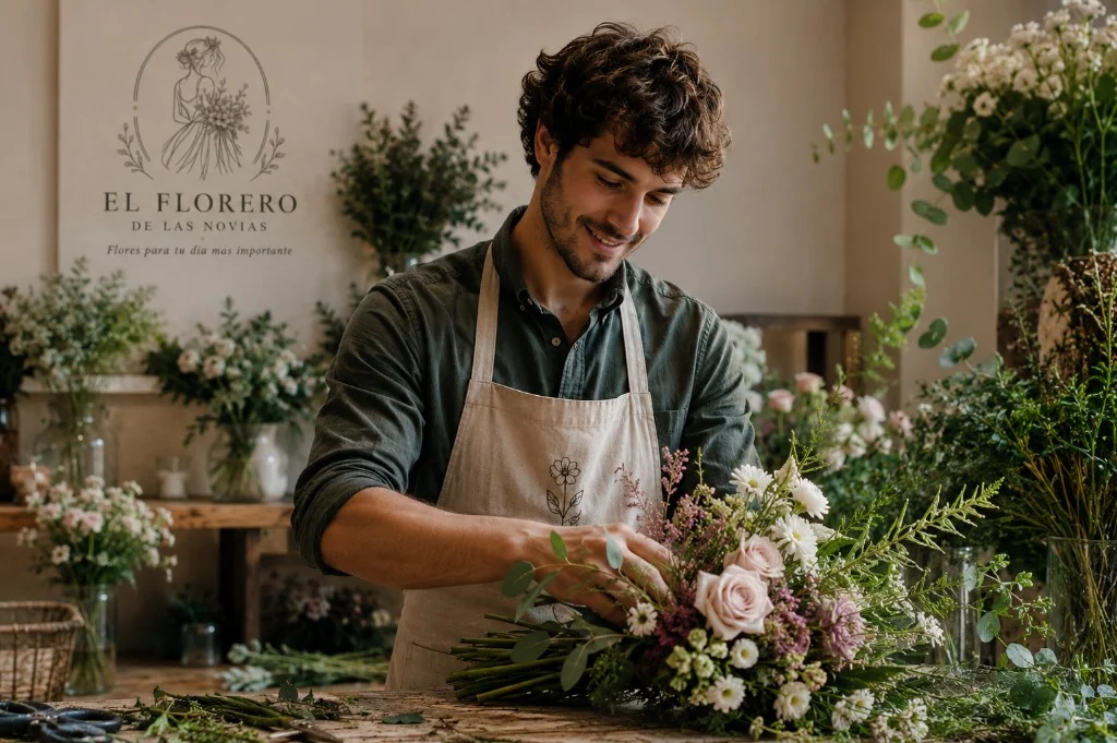 Florista con delantal beis arreglando un ramo de rosas y follaje en el taller, con el cartel El Florero al fondo